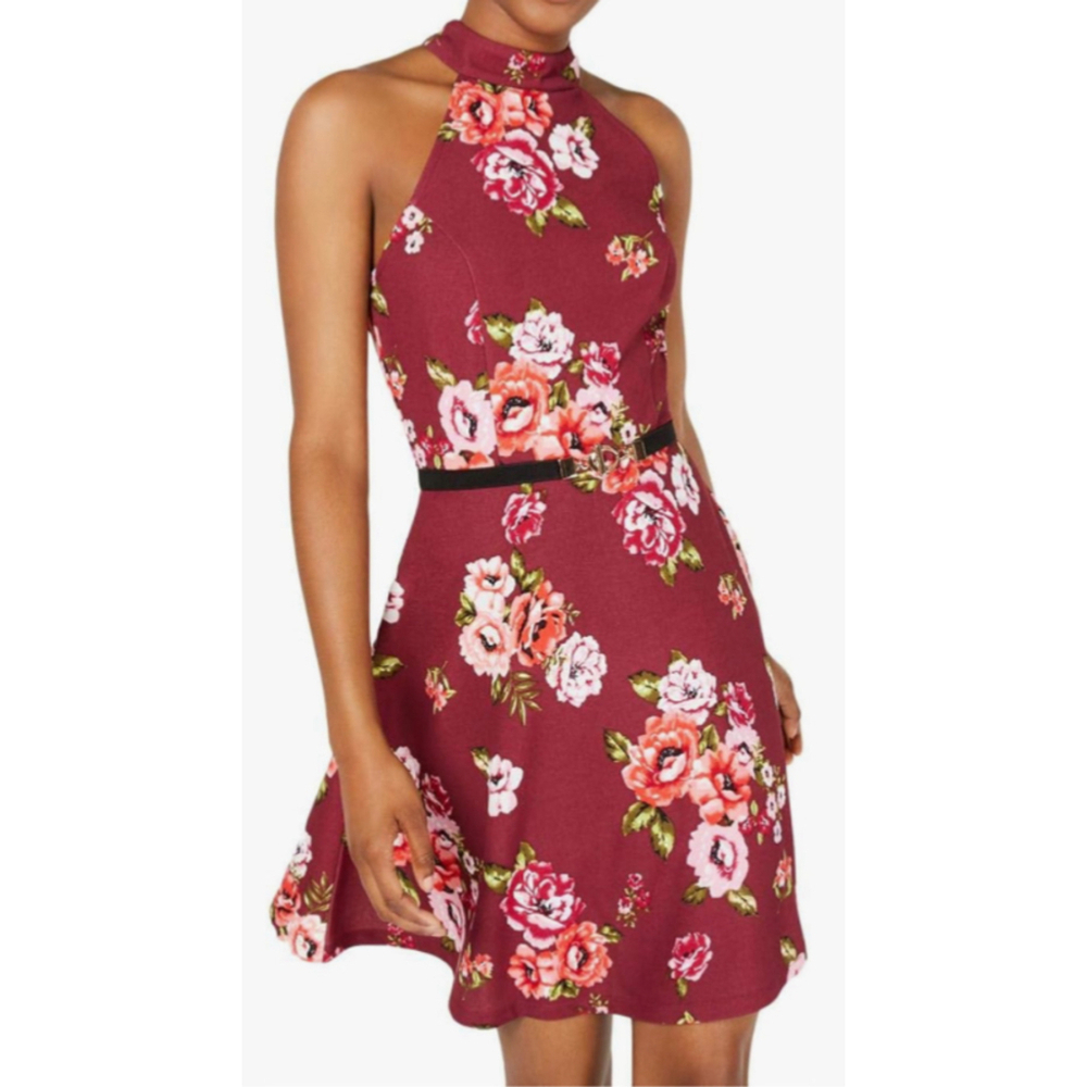 Almost Famous Floral Print Halter Skater Dress Belted Burgundy XL